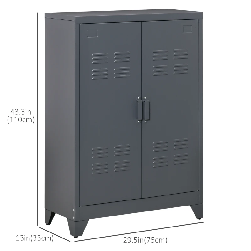 HOMCOM Metal Storage Cabinet, Industrial Sideboard Buffet Cabinet with 2 Louvered Doors, Adjustable Shelves, Grey