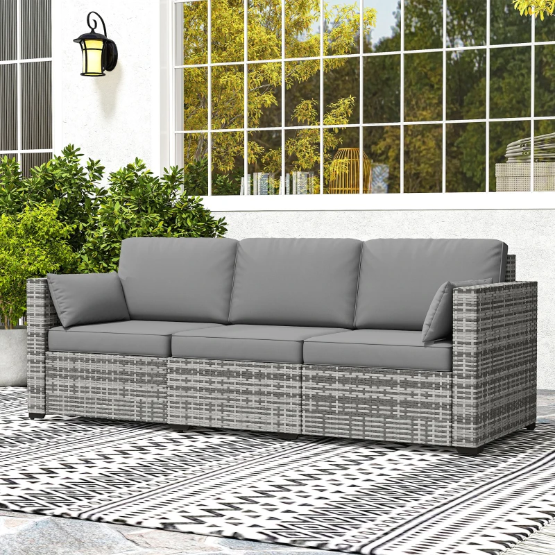 Outsunny 3-Seater Outdoor Sofa with Cushions, PE Rattan Conversation Patio Couch with Pillows for Garden, Poolside, Grey