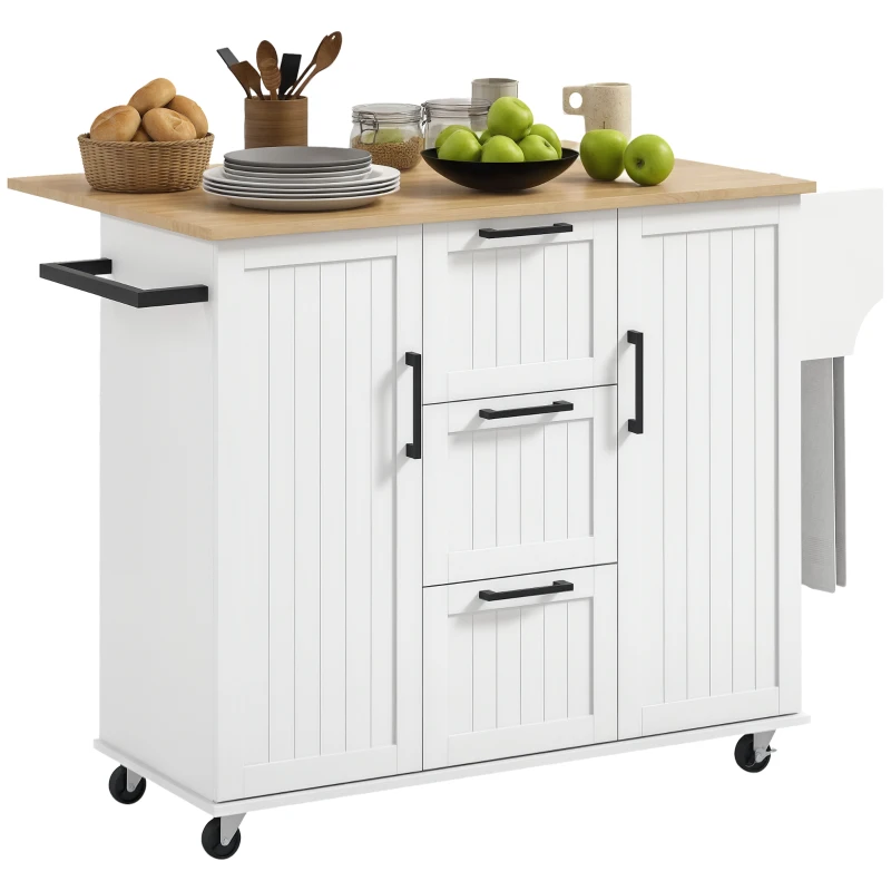 HOMCOM Kitchen Island with Drop Leaf, Rolling Kitchen Cart on Wheels with 3 Drawers, 2 Cabinets, Natural Wood Top, Spice Rack and Towel Rack, White