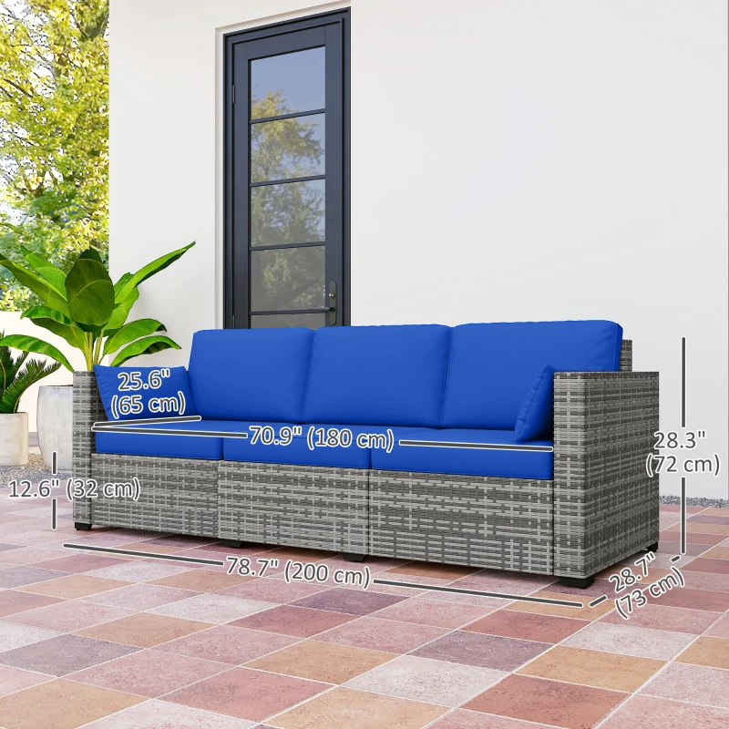 Outsunny 3-Seater Outdoor Sofa with Cushions, PE Rattan Conversation Patio Couch with Pillows for Garden, Poolside, Blue