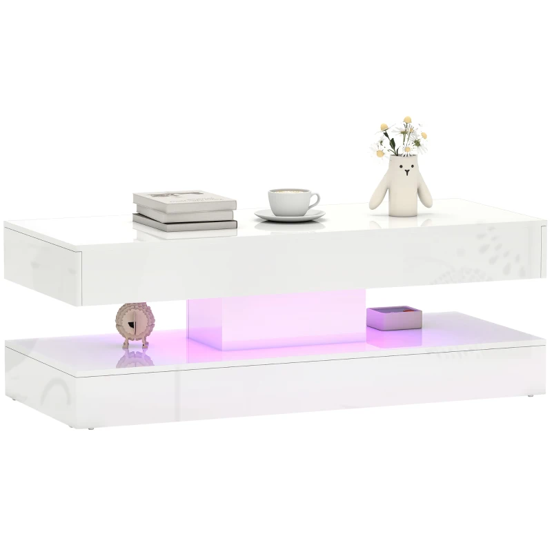 HOMCOM Coffee Table with Adjustable LED Lights, Modern Living Room Table with 2 Drawers, Open Shelf, Remote, High Gloss White