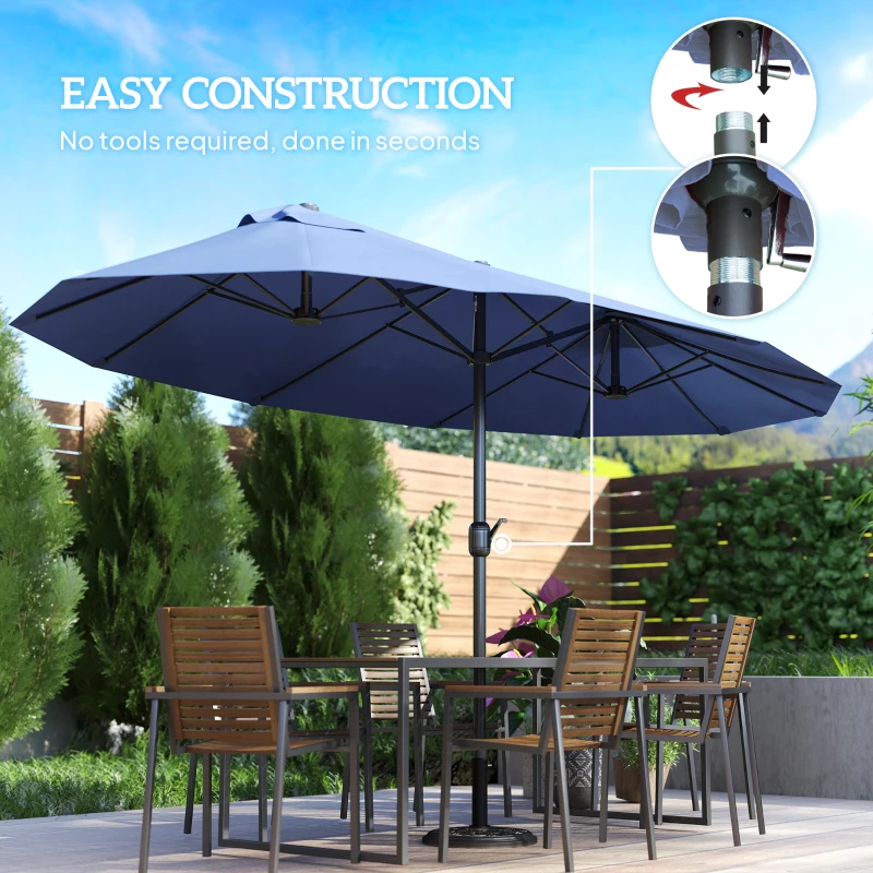 Outsunny 15ft Patio Sun Umbrella with Twin Canopy, Extra Large Outdoor Parasol with Crank for Pool, Deck, Market, Blue