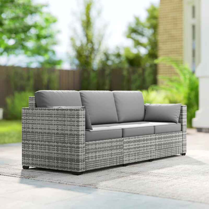 Outsunny 3-Seater Outdoor Sofa with Cushions, PE Rattan Conversation Patio Couch with Pillows for Garden, Poolside, Grey