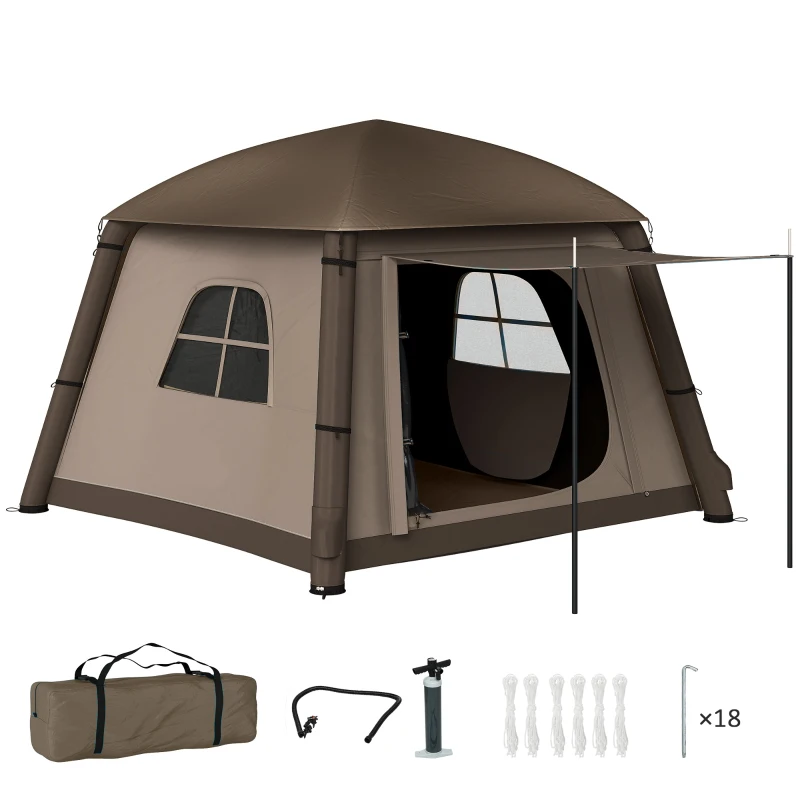 Outsunny Inflatable Camping Tent, 1-2 Person Glamping Tent with Hand Pump, Blow Up Tent with Doors, Carry Bag, Khaki and Brown