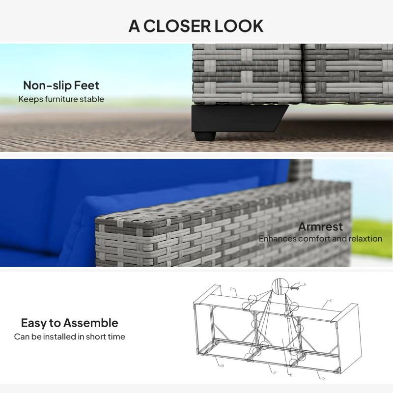 Outsunny 3-Seater Outdoor Sofa with Cushions, PE Rattan Conversation Patio Couch with Pillows for Garden, Poolside, Blue