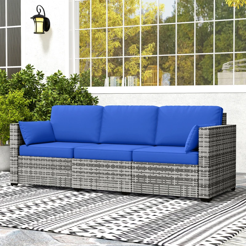 Outsunny 3-Seater Outdoor Sofa with Cushions, PE Rattan Conversation Patio Couch with Pillows for Garden, Poolside, Blue