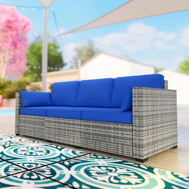 Outsunny 3-Seater Outdoor Sofa with Cushions, PE Rattan Conversation Patio Couch with Pillows for Garden, Poolside, Blue