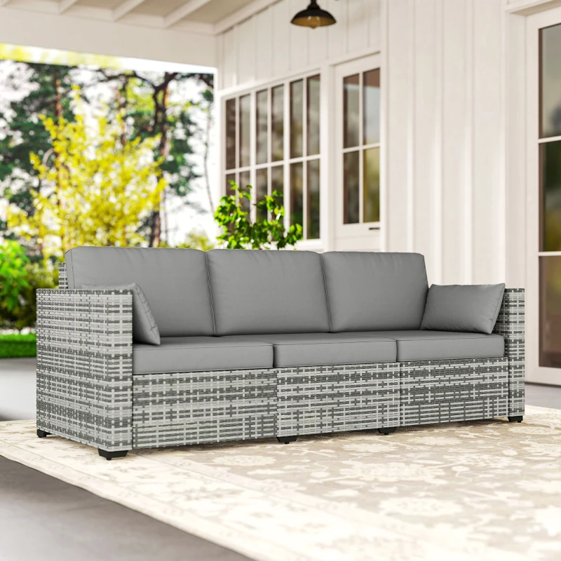 Outsunny 3-Seater Outdoor Sofa with Cushions, PE Rattan Conversation Patio Couch with Pillows for Garden, Poolside, Grey