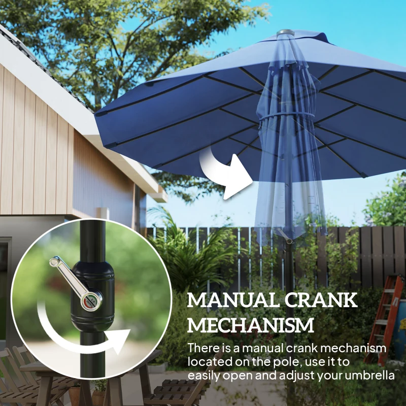 Outsunny 15ft Patio Sun Umbrella with Twin Canopy, Extra Large Outdoor Parasol with Crank for Pool, Deck, Market, Blue