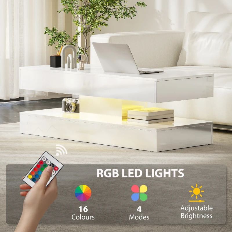 HOMCOM Coffee Table with Adjustable LED Lights, Modern Living Room Table with 2 Drawers, Open Shelf, Remote, High Gloss White