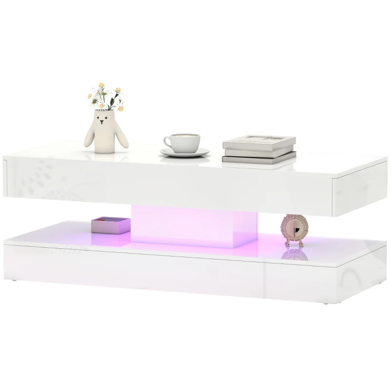HOMCOM Coffee Table with Adjustable LED Lights, Modern Living Room Table with 2 Drawers, Open Shelf, Remote, High Gloss White