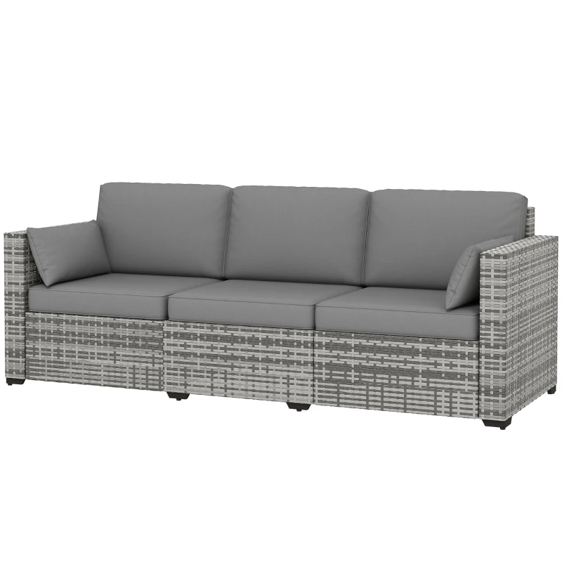 Outsunny 3-Seater Outdoor Sofa with Cushions, PE Rattan Conversation Patio Couch with Pillows for Garden, Poolside, Grey