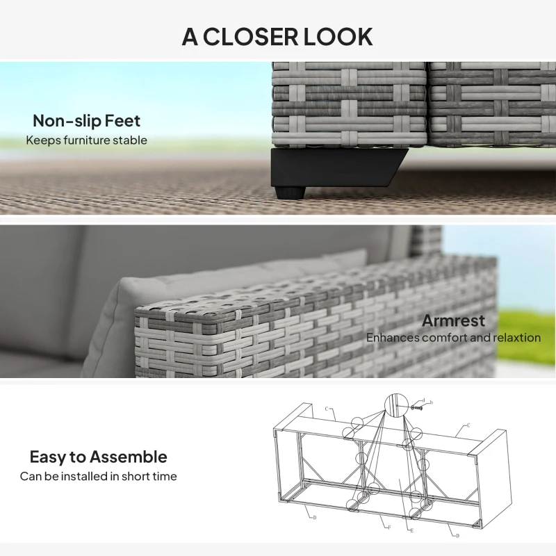 Outsunny 3-Seater Outdoor Sofa with Cushions, PE Rattan Conversation Patio Couch with Pillows for Garden, Poolside, Grey