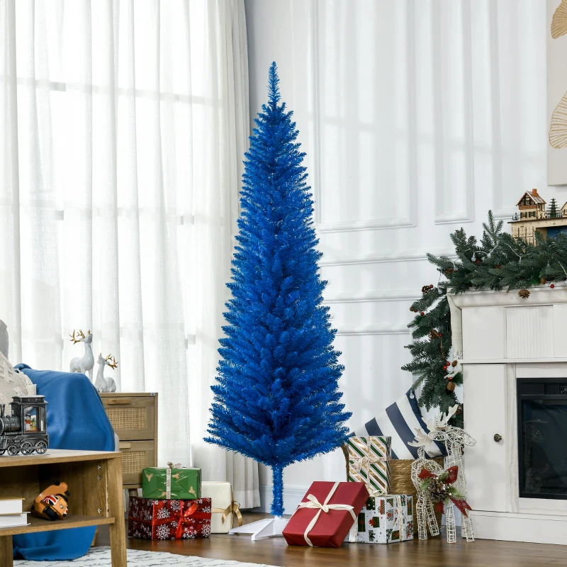 HOMCOM 6FT Decorated Christmas Tree, Pencil Christmas Tree with 390 Realistic Branch Tips and Plastic Stand, Blue