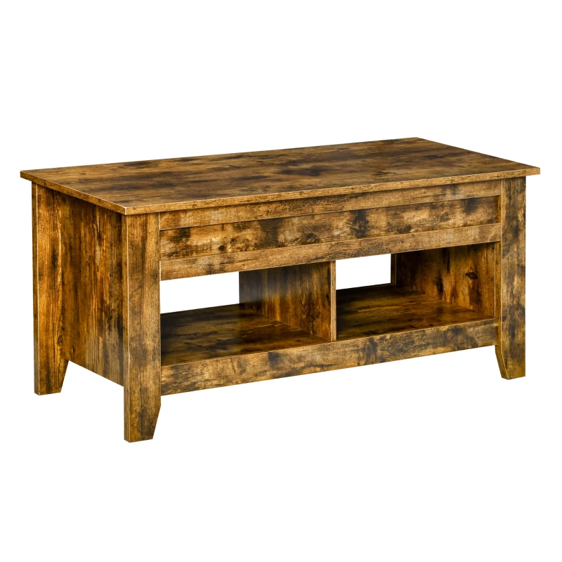 HOMCOM Lift Top Coffee Table with Hidden Storage Compartment and Open Shelves, Lift Tabletop Pop-Up Center Table for Living Room, Brown