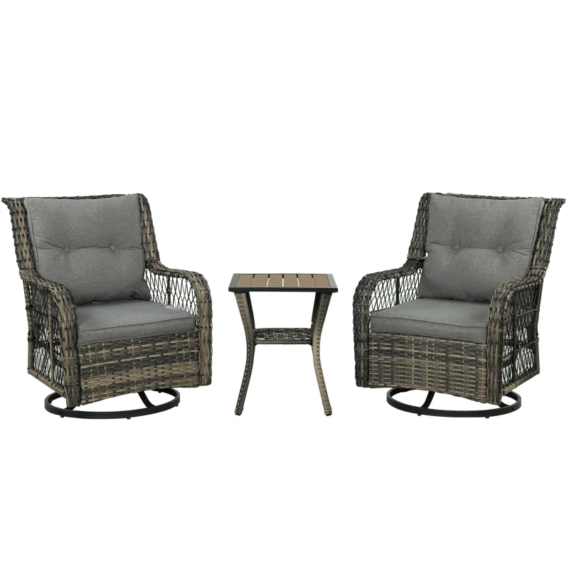 Outsunny 3 Piece Outdoor Bistro Set, Wicker Patio Furniture Set with Swivel Glider Chairs for Balcony, Porch, Grey