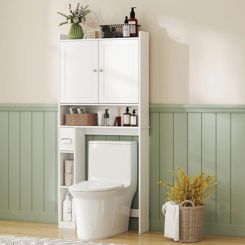 HOMCOM Modern Over the Toilet Storage Cabinet with 2 Doors, Above Commode Storage Cabinet with Toilet Paper Holder, White