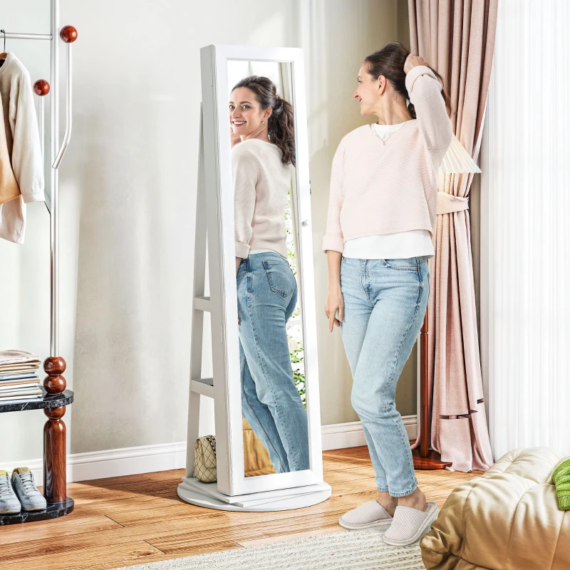 HOMCOM 360° Swivel Jewelry Armoire, Lockable Jewelry Cabinet with Full-Length Mirror, Storage Shelves, White