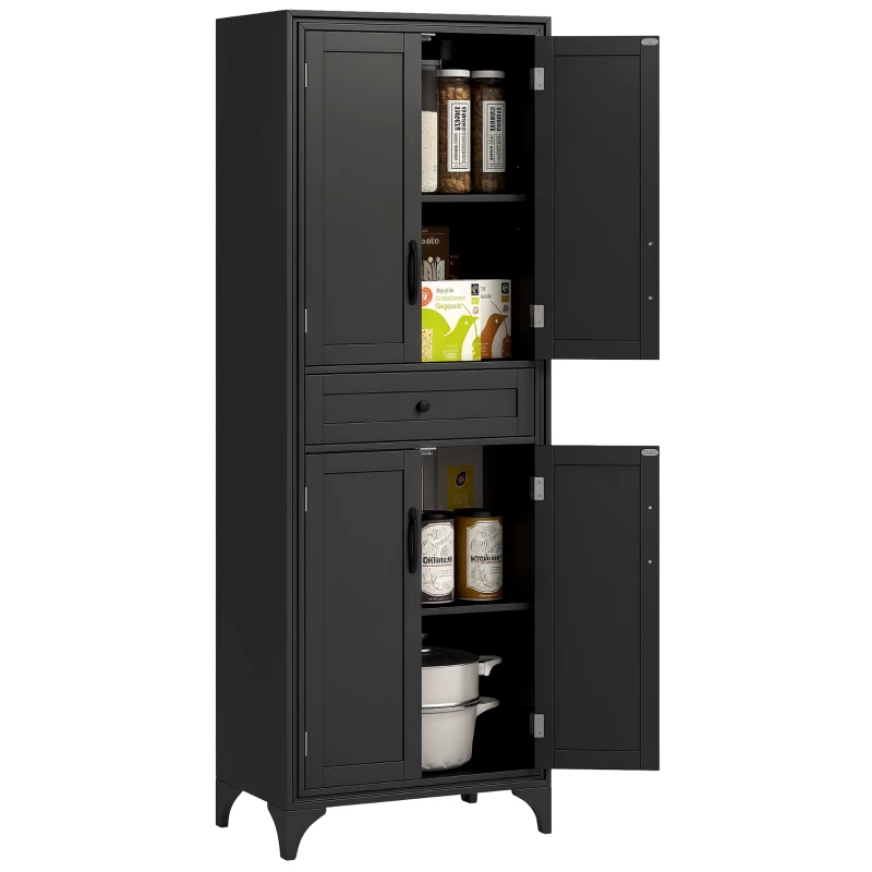 HOMCOM 67" 4-Door Kitchen Pantry with Drawer and Adjustable Shelves, Black