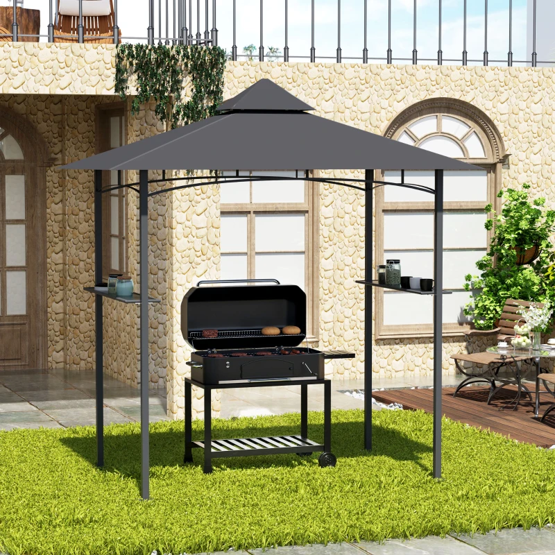 Outsunny 8' x 5' Grill Gazebo with Double Roof, Outdoor BBQ Canopy Gazebo with 2 Side Shelves for Patio Yard Garden Gray