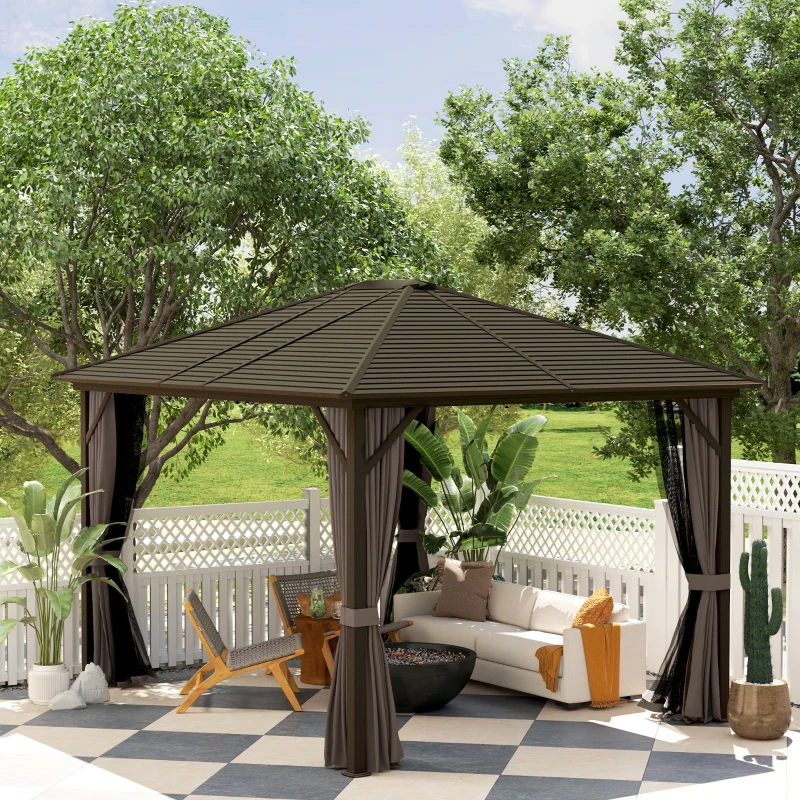 Outsunny 10' x 12' Hardtop Gazebo with Curtains and Netting, Gazebo Canopy with Aluminum Frame and Hooks, Coffee