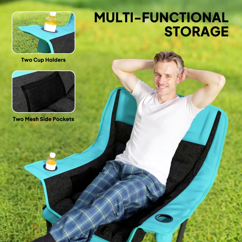 Outsunny Camping Chair for Adults, Portable Folding Camping Chair w/ Side Pockets, Cup Holders, Carry Bag, Green and Black