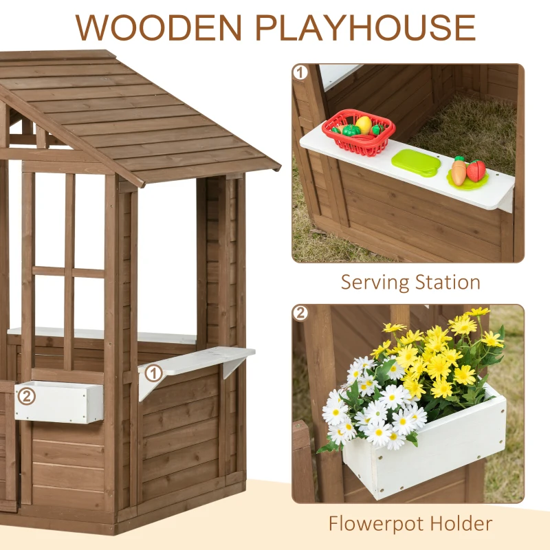 Outsunny Kids Wooden Playhouse, Outdoor Garden Games Cottage with Flowers Pot Holder, Working Door, Windows, Brown