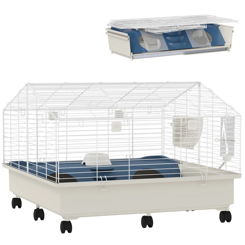 PawHut Rolling Small Animal Cage with Water Bottle, Hay Feeder, Food Dish for Rabbits, Hedgehogs, Guinea Pigs, 35" x 35" x 25"