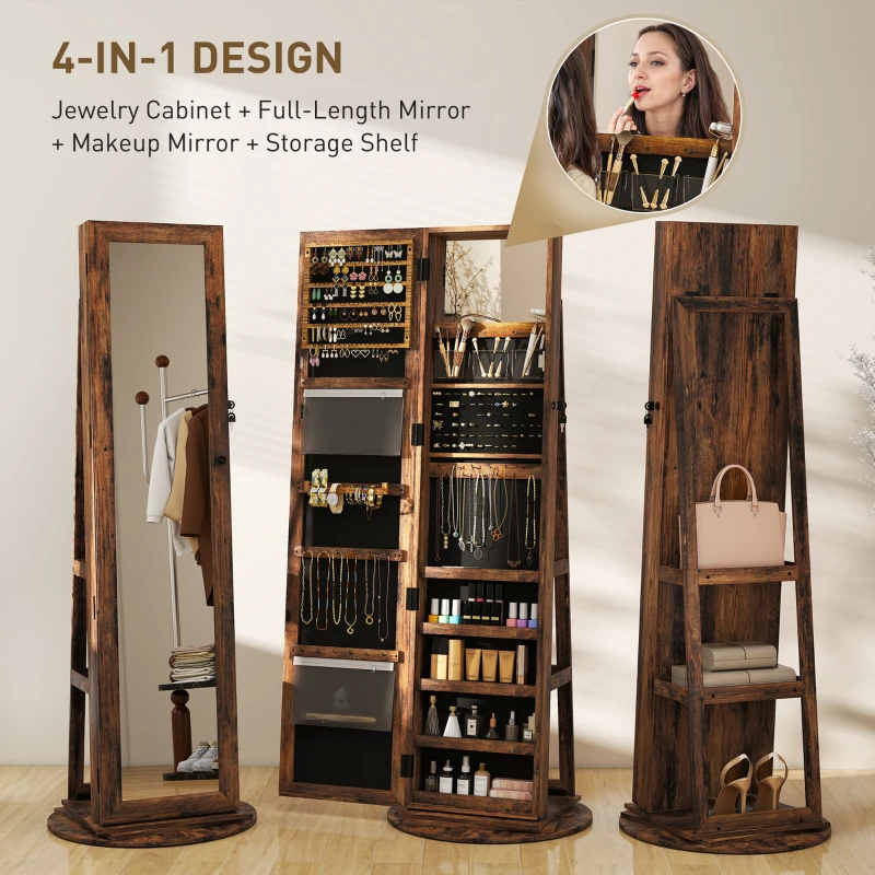 HOMCOM 360° Swivel Jewelry Armoire, Lockable Jewelry Cabinet with Full-Length Mirror, Storage Shelves, Rustic Brown