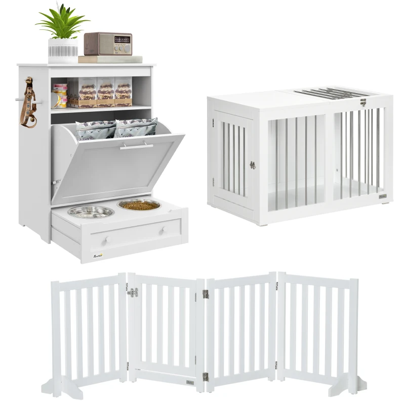 PawHut 3 in 1 Pet Furniture Set with Dog Crate Furniture, Dog Feeding Station and Foldable Pet Gate, for Home Indoor, White