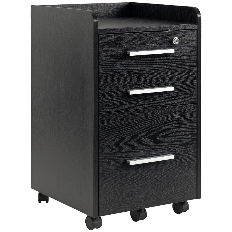 HOMCOM 3 Drawer File Cabinet with Lock and Edged Top, Lockable Filing Cabinet on Wheels for Letter and A4 Size, Black