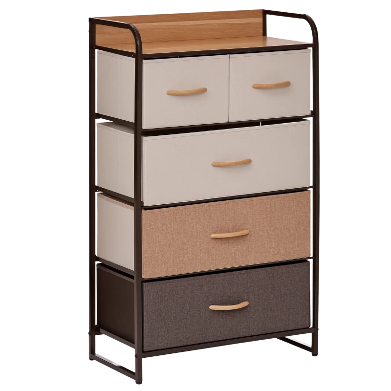 HOMCOM 5-Drawer Fabric Dresser Tower, 4-Tier Storage Organizer with Steel Frame for Hallway, Bedroom, and Closet, Maple Wood
