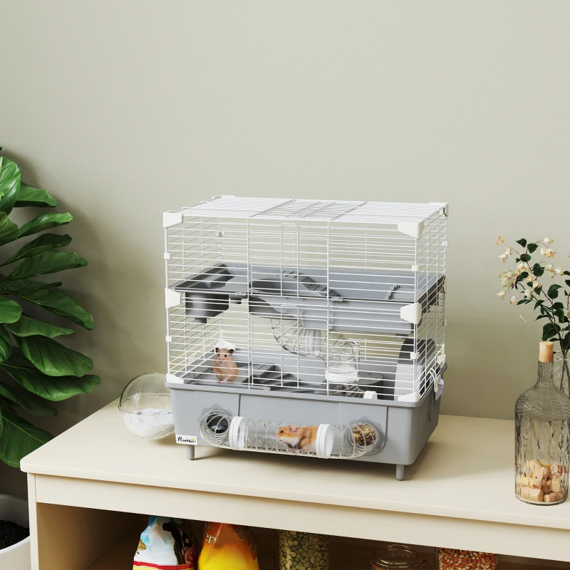 PawHut 2-Tier Hamster Cage with Sand Bathroom, Running Wheel, Water Bottle, Tubes, Accessories, for Dwarf Hamster, Gray