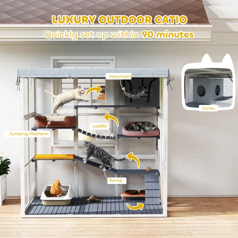 PawHut Large Outdoor Catio Cat Enclosure with Hammock, Condo, Jump Platforms, Ladders, Ramps, Tarp, for 2-4 Large Cats, Gray