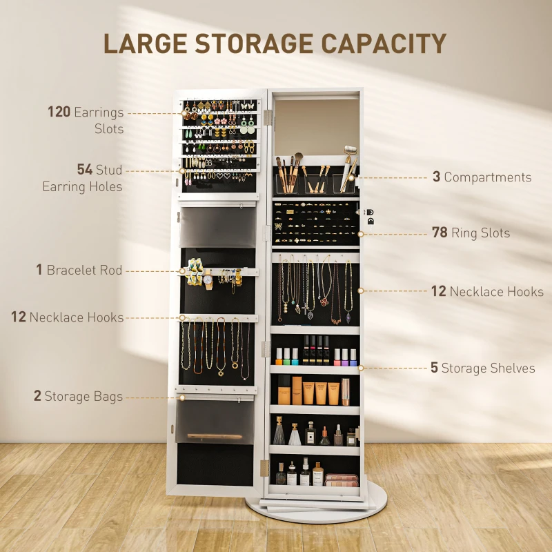 HOMCOM 360° Swivel Jewelry Armoire, Lockable Jewelry Cabinet with Full-Length Mirror, Storage Shelves, White