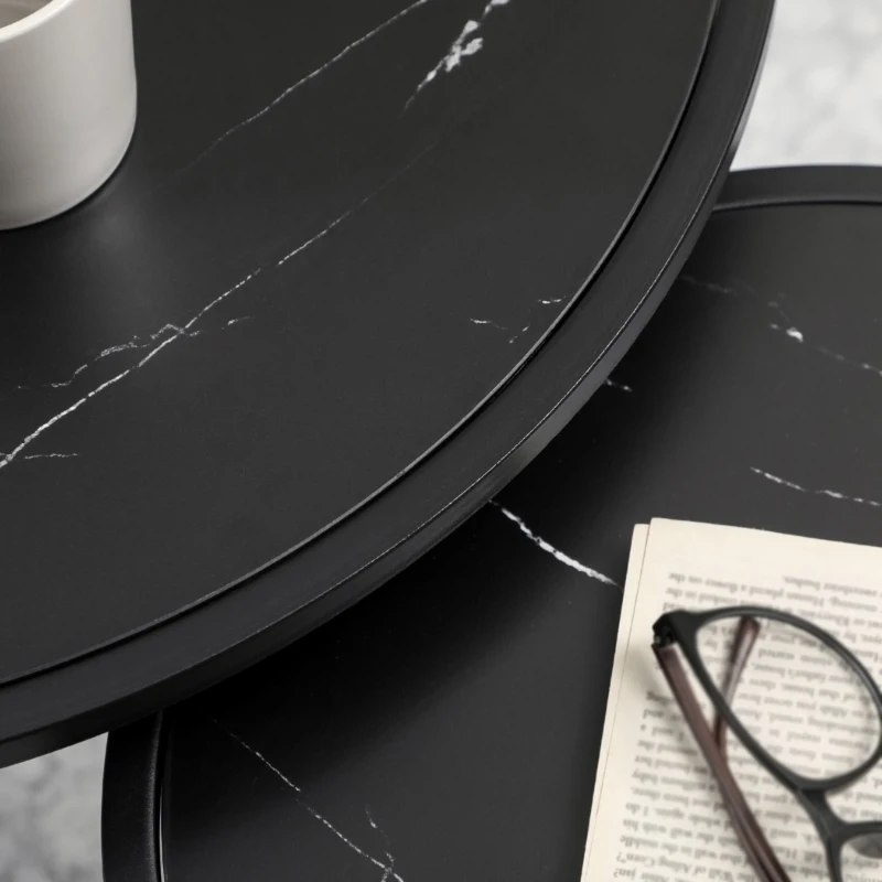 HOMCOM Round Nesting Coffee Table Set of 2, Stacking Modern Accent Tables with Faux Marble Tabletop and Metal Frame for Living Room, Black