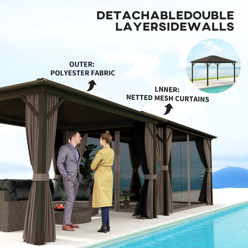 Outsunny 10' x 12' Hardtop Gazebo with Curtains and Netting, Gazebo Canopy with Aluminum Frame and Hooks, Coffee