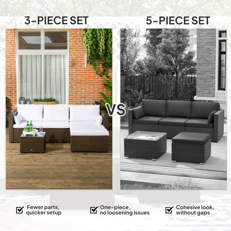 Outsunny 3pcs Modern Rattan Sofa Set, Wicker Patio Furniture Set with Coffee Table, Cushions, Pillows