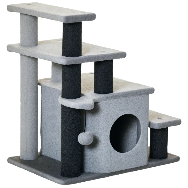 PawHut Adjustable Height 3 Step/4 Step Cat Stairs with Cat Scratching Post, Cat Condo, Toy Ball, for Bed, Sofa, Couch, Gray