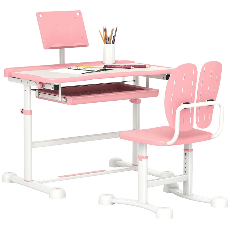 Qaba Adjustable Kids Desk and Chair Set with Tilt Desktop & Storage, Pink