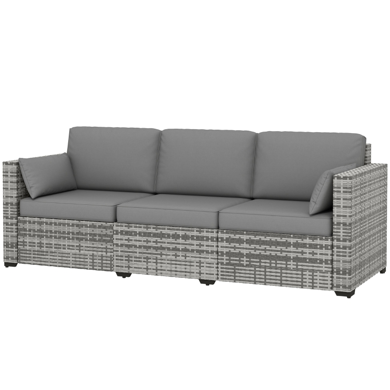 Outsunny Gray 3-Seater Wicker Outdoor Sofa, Deep Seating with Removable Cushions for Patio, Garden