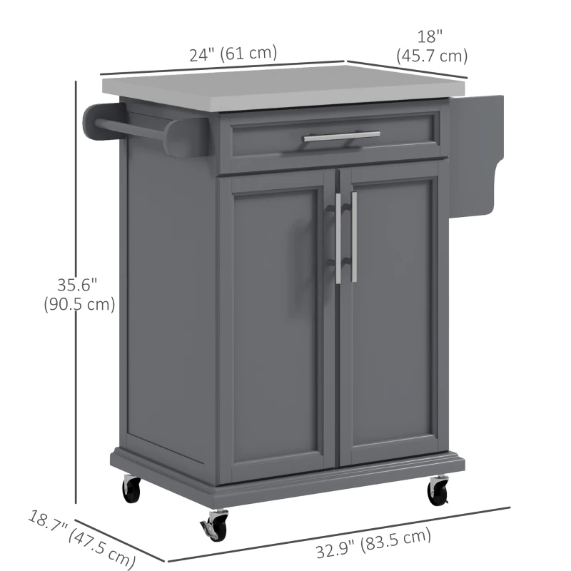 HOMCOM Kitchen Island with Stainless Steel Top, Rolling Kitchen Cart on Wheels with Drawer, Towel Rack and Spice Rack, Grey