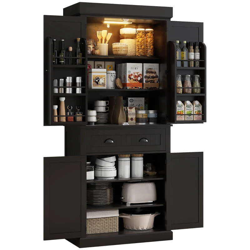 HOMCOM 71" Kitchen Pantry Cabinet with LED Lights, 6 Door Shelves, a Drawer and 4 Adjustable Shelves, Black