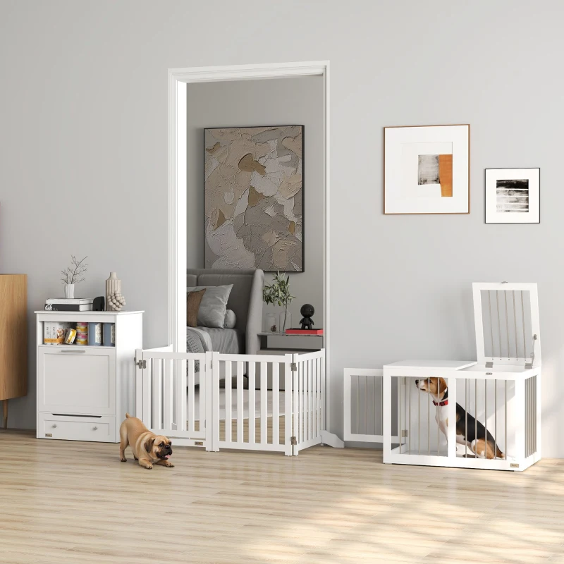PawHut 3 in 1 Pet Furniture Set with Dog Crate Furniture, Dog Feeding Station and Foldable Pet Gate, for Home Indoor, White