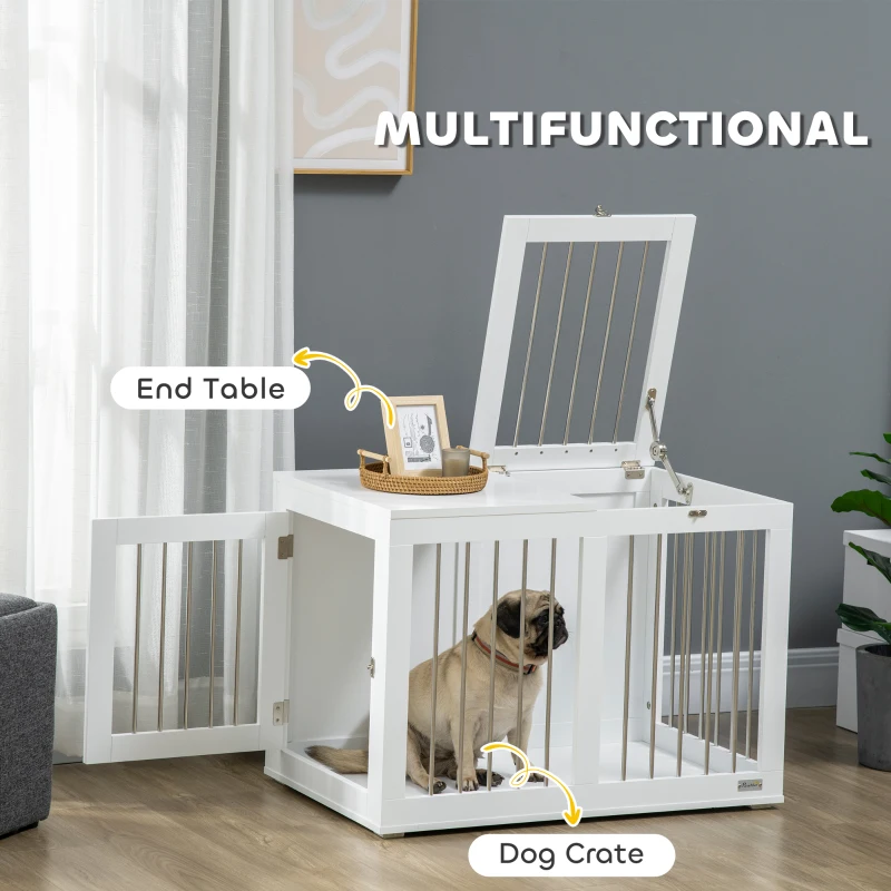 PawHut 3 in 1 Pet Furniture Set with Dog Crate Furniture, Dog Feeding Station and Foldable Pet Gate, for Home Indoor, White