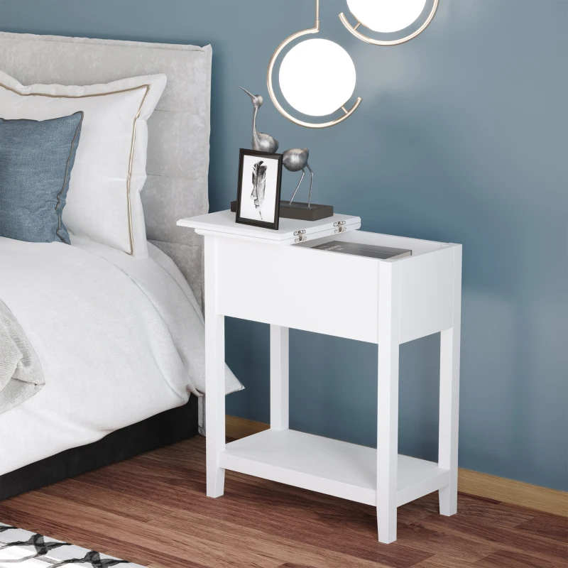 HOMCOM Flip Top End Table, Side Table with Storage Shelf and Cable Management, Narrow Nightstand for Living Room, Bedroom, White
