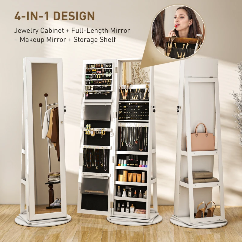 HOMCOM 360° Swivel Jewelry Armoire, Lockable Jewelry Cabinet with Full-Length Mirror, Storage Shelves, White