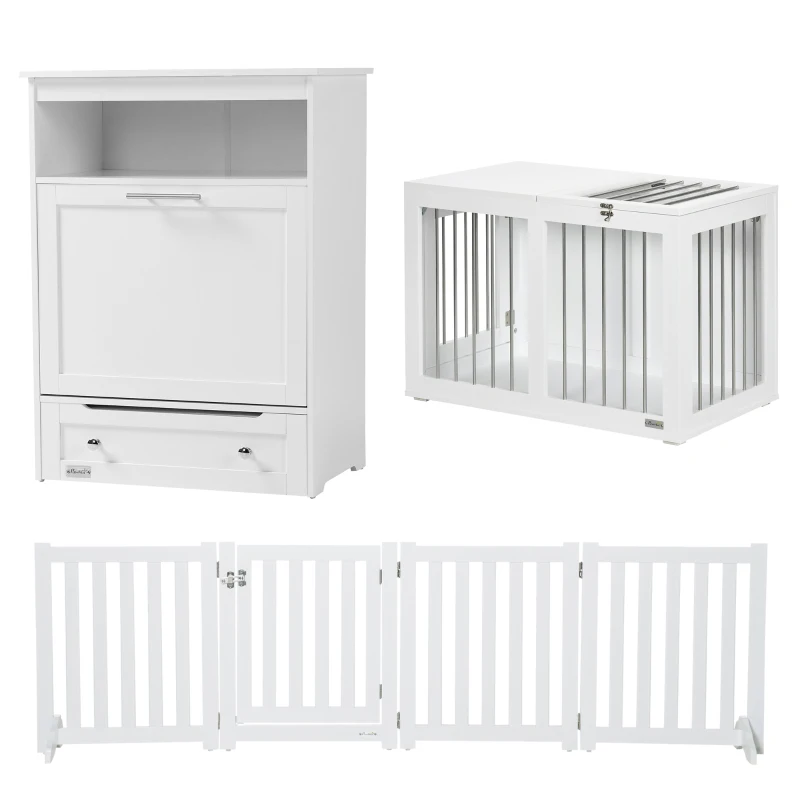 PawHut 3 in 1 Pet Furniture Set with Dog Crate Furniture, Dog Feeding Station and Foldable Pet Gate, for Home Indoor, White