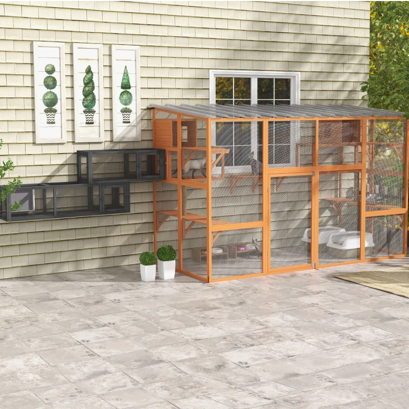 PawHut Wooden 98" Cat Tunnel for Outdoor with Combinable Design, 8 Doors, Dark Gray