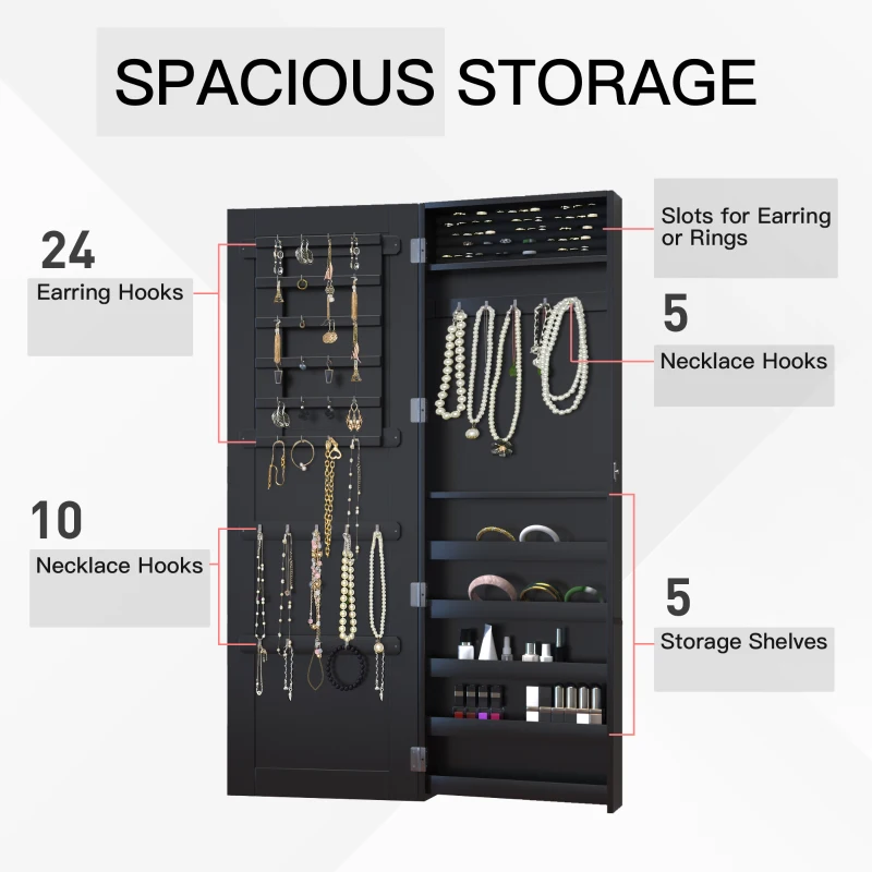 HOMCOM Mirrored Jewellery Cabinet Hanging Wall Mount Real Glass Mirror Locked Black